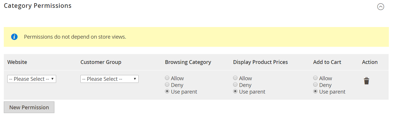 Clicking on the New Permission button to create a new rule or create multiple rules